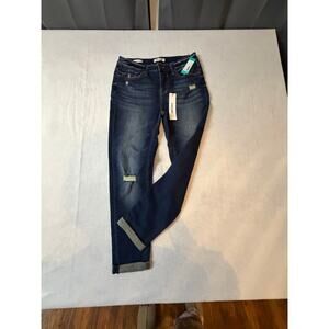 Vigoss Thompson Tomboy Mid Rise Distressed Jeans Size 8 Dark Wash Stretch Denim